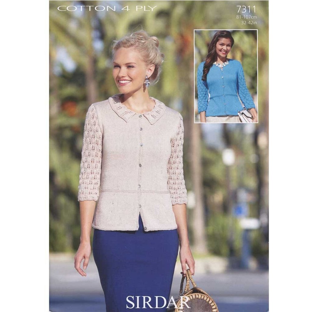 Sirdar 7311 Cardigan knitted in #1/4 Ply weight yarn. For adults.